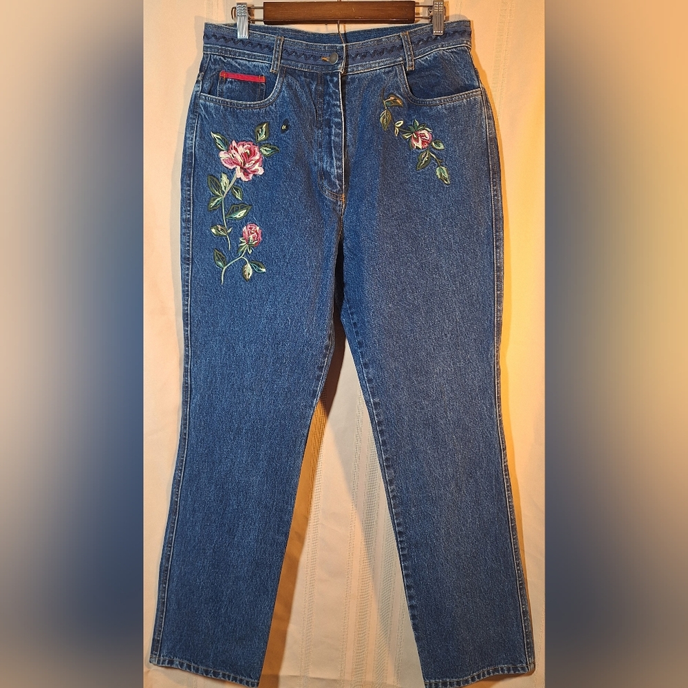 Together Blue Straight Leg Jeans with Pink Rose Embroidery